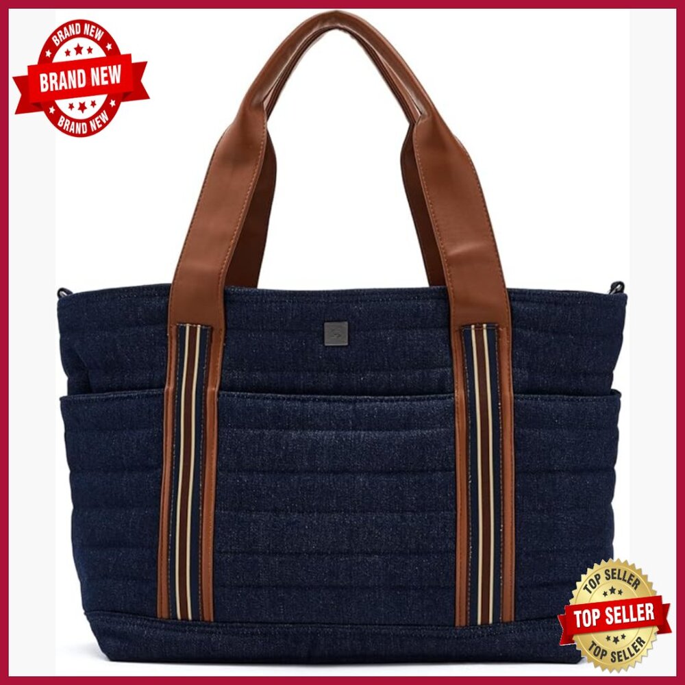 Large Denim Quilted Tote Bag With Adjustable Strap, 32l Capacity